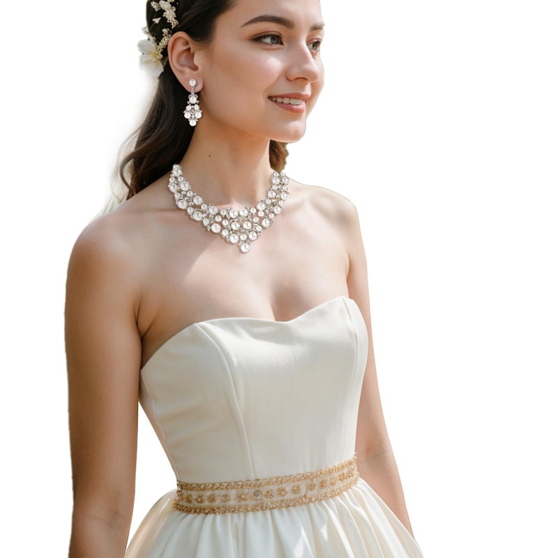 BriLove Wedding Bridal Simulated Pearl Jewelry Set for Women Crystal Cluster Statement Necklace Dangle Earrings for Party Prom Clear Silver-Tone - Image 4